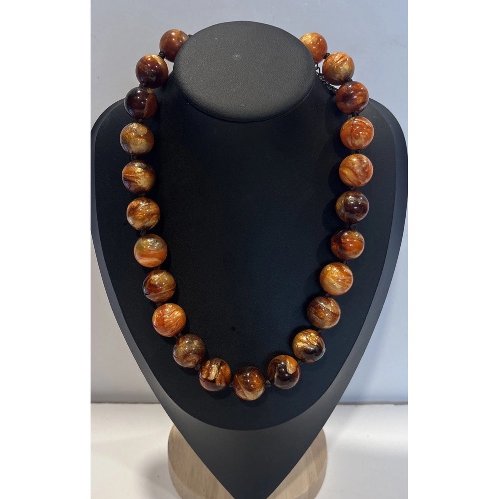 Vintage Marbled Orange Brown Resin Chunky Bead Necklace Hand Knotted 21"
